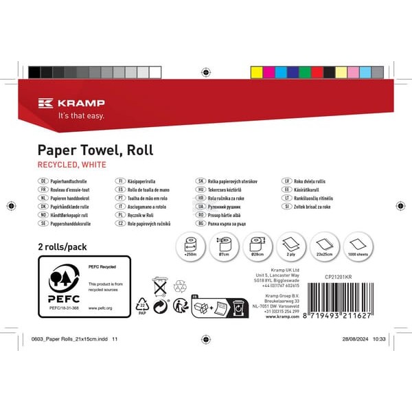 Ręcznik papierowy, biały w rolce, 23 cm x CP21201KR | Exvi