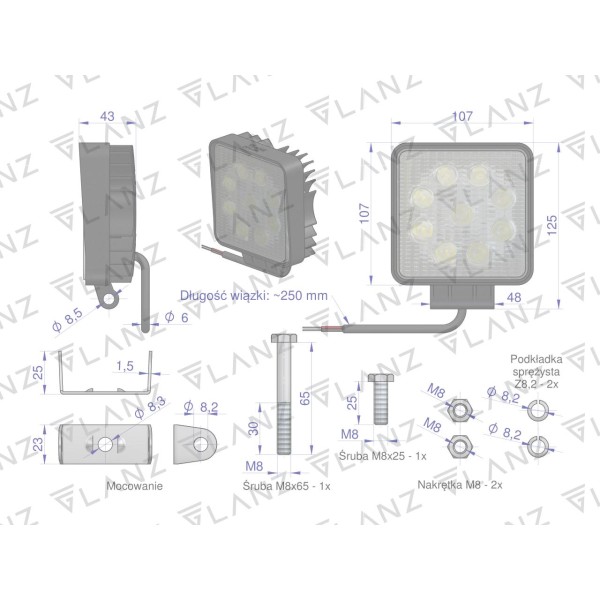 Lampa robocza kwadratowa 27W 9 LED GLANZ L0077G | Exvi