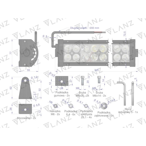 Lampa robocza prostokątna 72W 24 LED GLANZ L0119G | Exvi