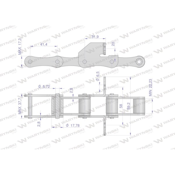Łańcuch podajnika S55 łapka SD co 8 ogniwa LS55SD.08 | Exvi