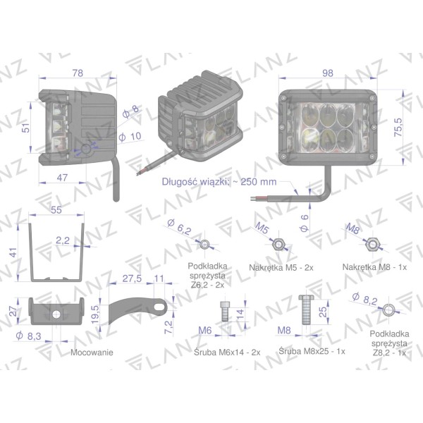 Lampa robocza kwadratowa szerokokątna 48W LSR001G | Exvi