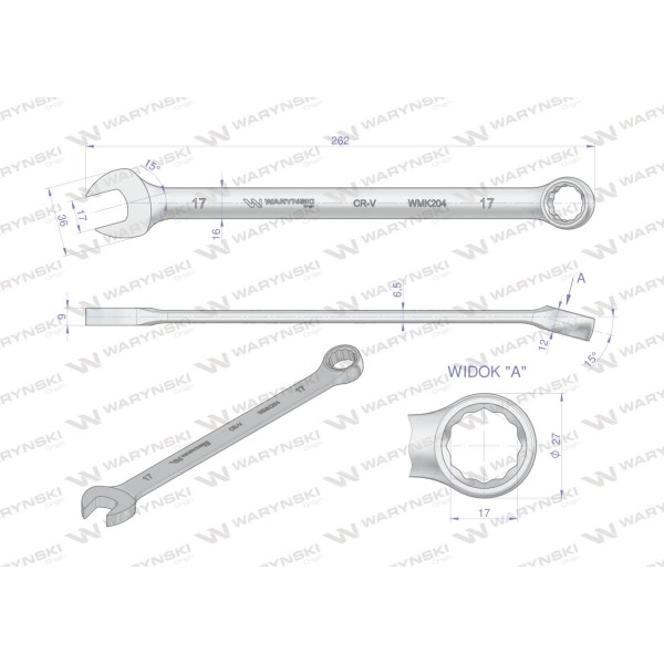 Klucz płaskooczkowy extra długi 17mm dł 262mm WMK204 | Exvi
