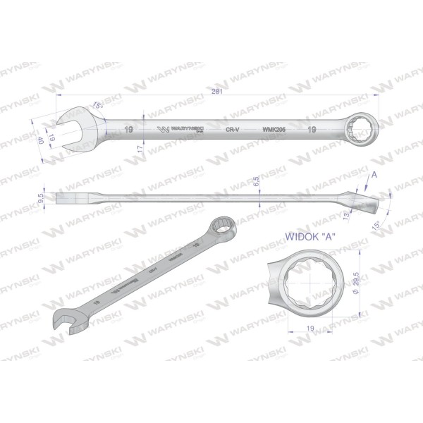 Klucz płaskooczkowy extra długi 19mm dł 281mm WMK205 | Exvi