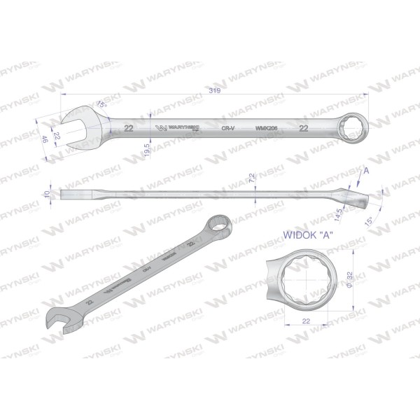 Klucz płaskooczkowy extra długi 22mm dł 319mm WMK206 | Exvi
