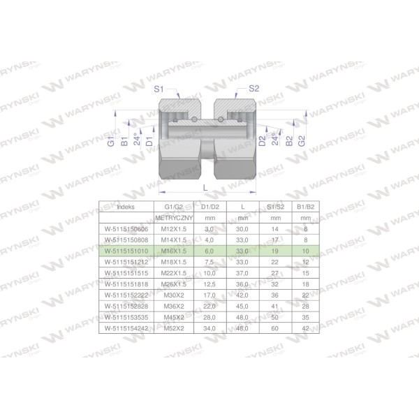 Złączka hydrauliczna metryczna AA M16x1.5 5115151010 | Exvi