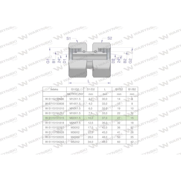 Złączka hydrauliczna metryczna AA M22x1.5 5115151515 | Exvi