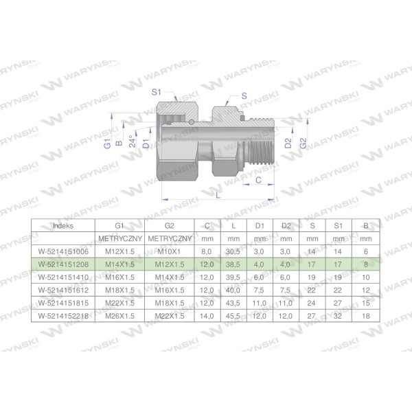 Przyłączka hydrauliczna metryczna AB 5214151208 | Exvi