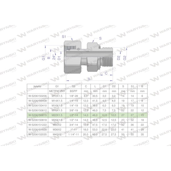 Przyłączka hydrauliczna AB (EVGE) M22x1.5 5206150815 | Exvi