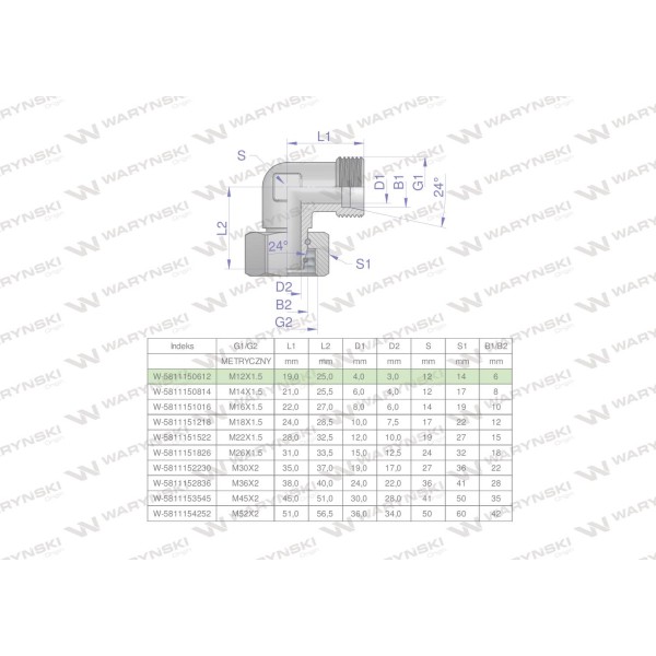 Kolanko hydrauliczne metryczne AB M12x1.5 5811150612 | Exvi