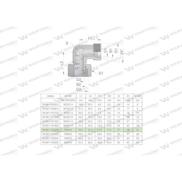 Kolanko hydrauliczne metryczne AB M30x2 5811152230 | Exvi