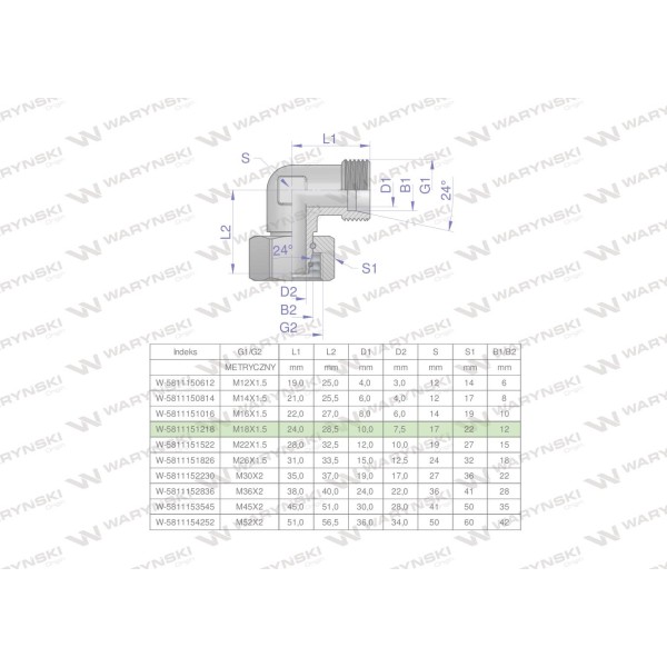 Kolanko hydrauliczne metryczne AB M18x1.5 5811151218 | Exvi