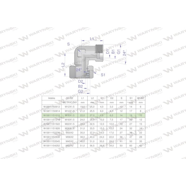 Kolanko hydrauliczne metryczne AB M16x1.5 5811151016 | Exvi
