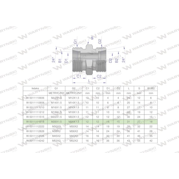 Złączka hydrauliczna metryczna BB M26x1.5 5011111818 | Exvi
