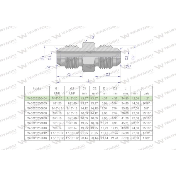 Złączka hydrauliczna calowa BB 7/16" UNF 5025250404 | Exvi