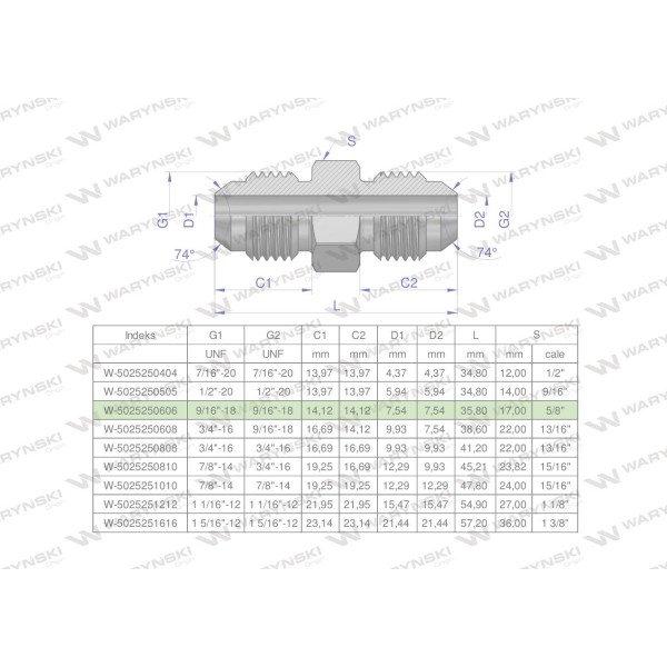 Złączka hydrauliczna calowa BB 9/16" UNF 5025250606 | Exvi