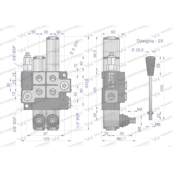Rozdzielacz hydrauliczny 2-sekcyjny max ROZ40L/2X1P | Exvi