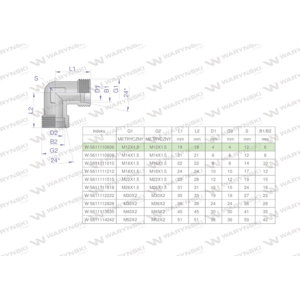 Kolanko hydrauliczne metryczne BB M12x1.5 5611110606 | Exvi