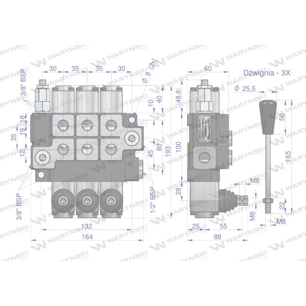 Rozdzielacz hydrauliczny 3-sekcyjny max ROZ40L/3 | Exvi