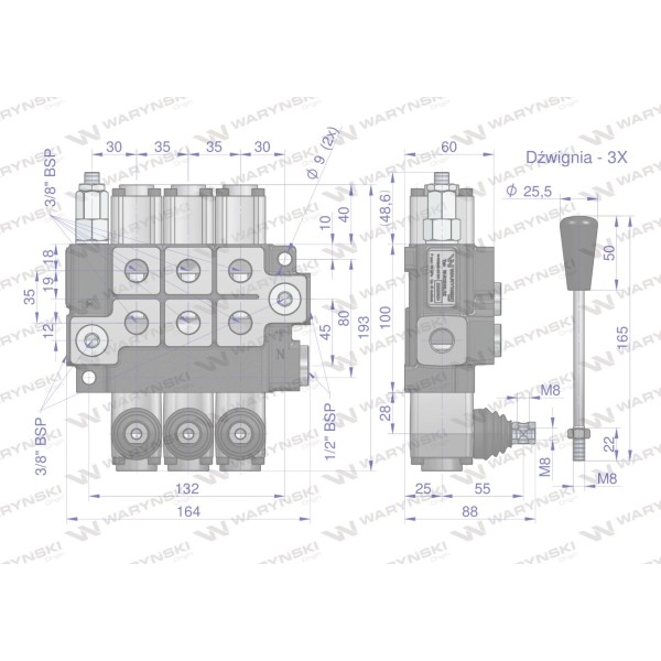 Rozdzielacz hydrauliczny 3-sekcyjny max ROZ40L/3Z | Exvi