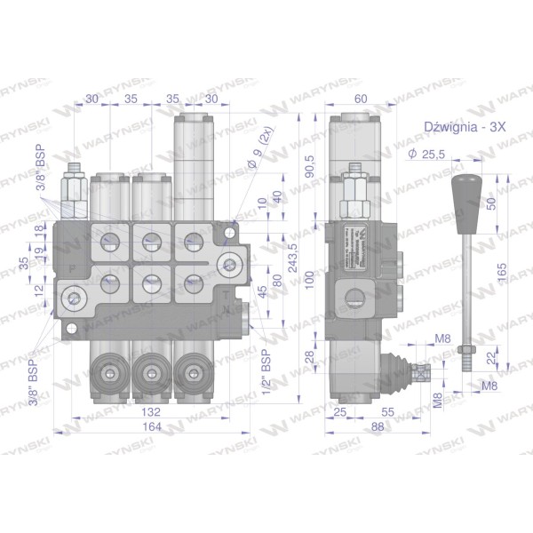Rozdzielacz hydrauliczny 3-sekcyjny max ROZ40L/3X1P | Exvi