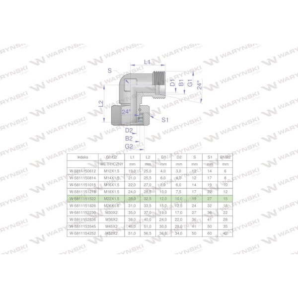 Kolanko hydrauliczne metryczne AB 5811151522-50 | Exvi