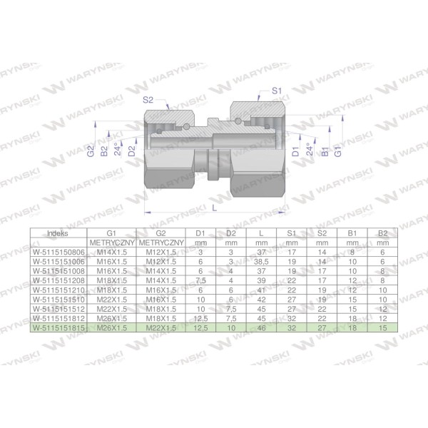 Złączka hydrauliczna metryczna AA M26x1.5 5115151815 | Exvi