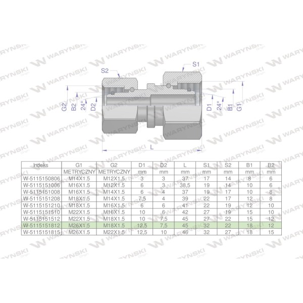 Złączka hydrauliczna metryczna AA M26x1.5 5115151812 | Exvi