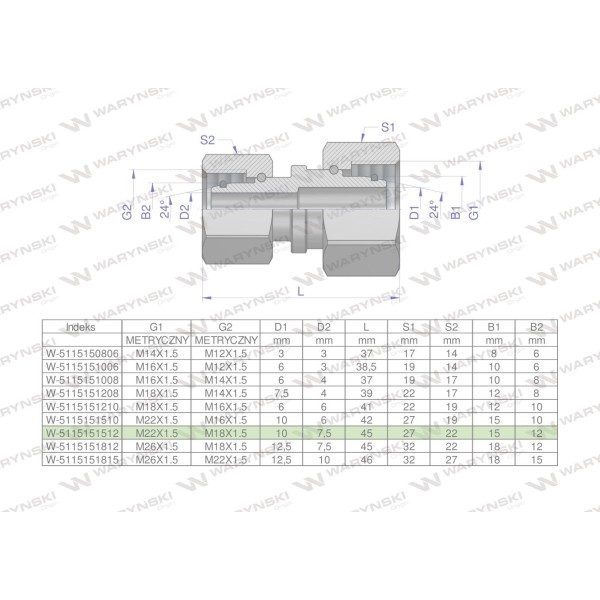 Złączka hydrauliczna metryczna AA M22x1.5 5115151512 | Exvi