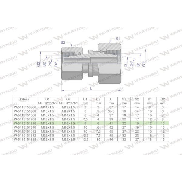 Złączka hydrauliczna metryczna AA M18x1.5 5115151210 | Exvi