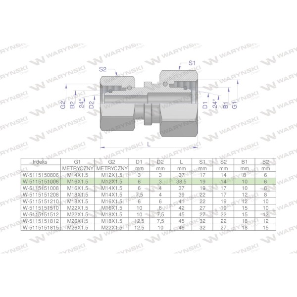 Złączka hydrauliczna metryczna AA M16x1.5 5115151006 | Exvi