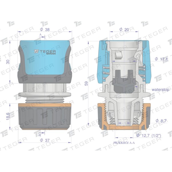 Szybkozłączka 1/2"- z waterstop / TEGER O-NPIS002 | Exvi