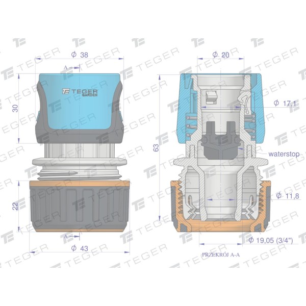 Szybkozłączka 3/4"- z waterstop / TEGER O-NPIS004 | Exvi