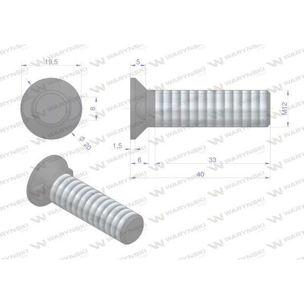 Śruba płużna dwunoskowa M12x40 mm 173121240/KG | Exvi