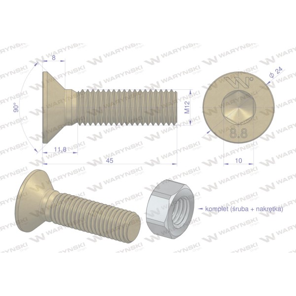 Śruba kpl. M12x45 - imbus 10 DIN7991 799128845 | Exvi