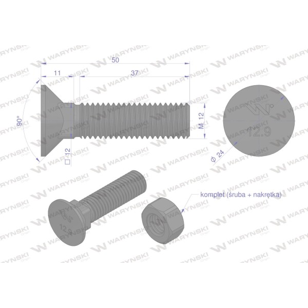 Śruba kpl. płużna podsadzana D 608 M12x50 608121250 | Exvi