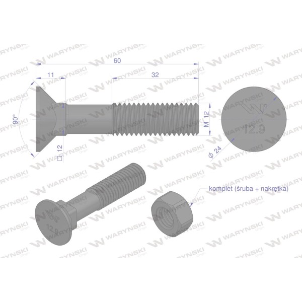 Śruba kpl. płużna podsadzana D 608 M12x60 608121260 | Exvi
