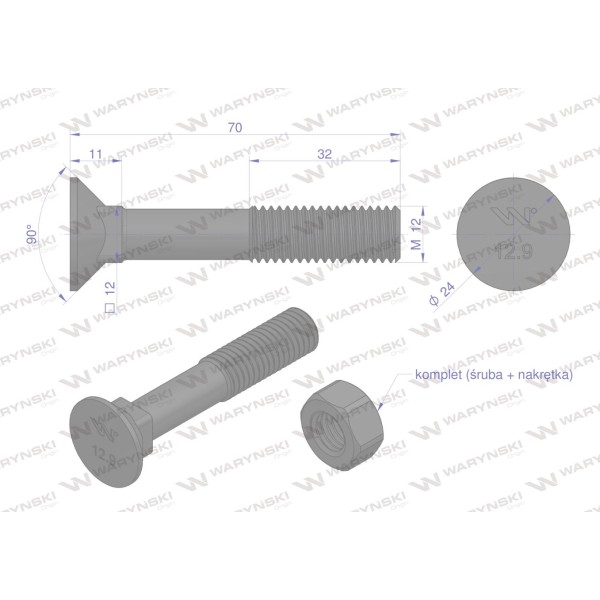 Śruba kpl. płużna podsadzana D 608 M12x70 608121270 | Exvi
