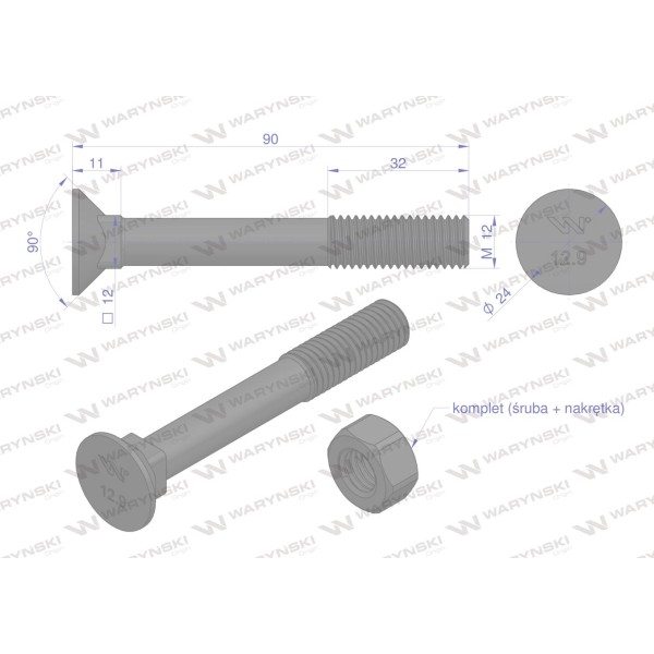 Śruba kpl. płużna podsadzana D 608 M12x90 608121290 | Exvi