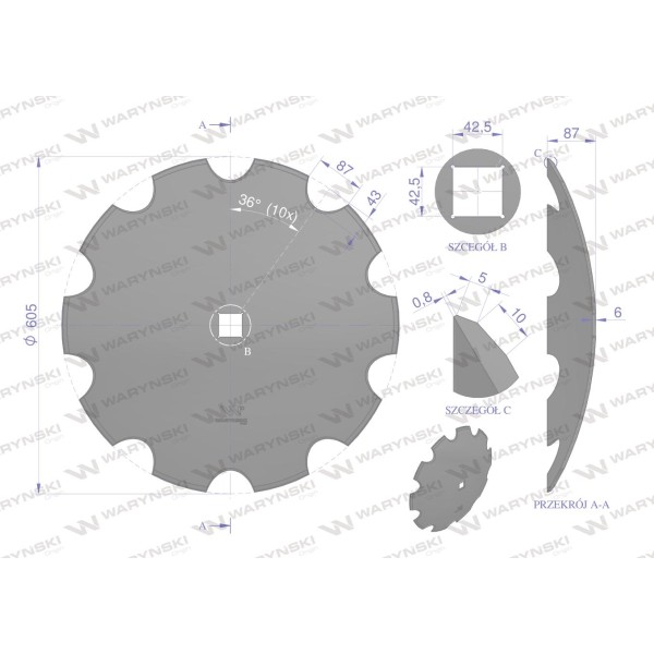 Talerz uzębiony Z-10 fi 610 otwór 40x40 76104060 | Exvi