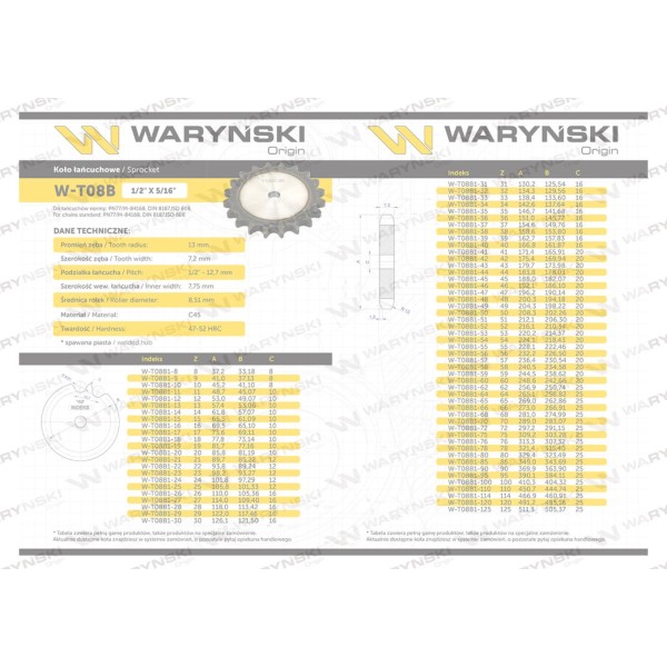Koło zębate hartowane tarcza 08B-1 (R1 1/2) T08B1-22 | Exvi