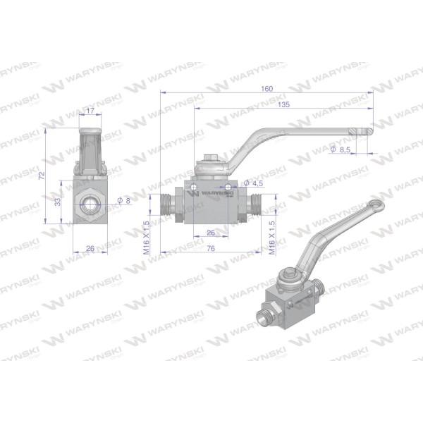 Zawór kulowy hydrauliczny 2-drogowy WKH-10L-M16X1.5 | Exvi