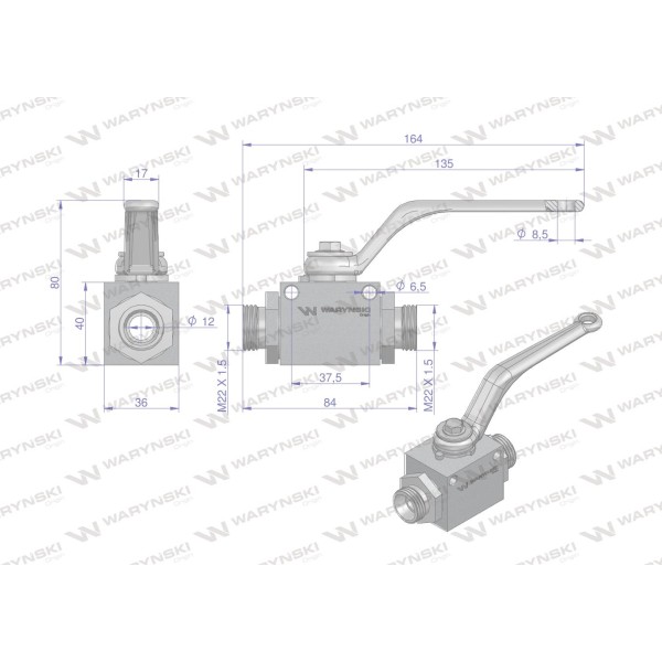 Zawór kulowy hydrauliczny 2-drogowy WKH-15L-M22X1.5 | Exvi