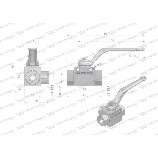 Zawór kulowy hydrauliczny 3-drogowy WKH3-B-3/8BSP | Exvi