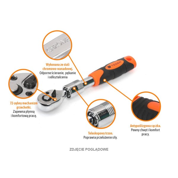 Grzechotka teleskopowa 1/4" 72T, CR-V, Teger G107 | Exvi