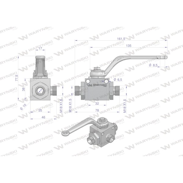 Zawór kulowy hydrauliczny 3-drogowy WKH3-12L-M18X1.5 | Exvi