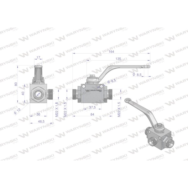 Zawór kulowy hydrauliczny 3-drogowy WKH3-15L-M22X1.5 | Exvi