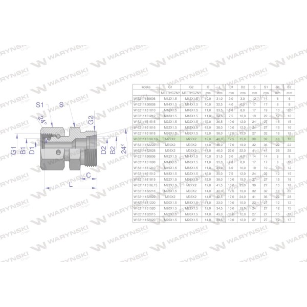 Złączka hydrauliczna metryczna AB 52111518L18L | Exvi