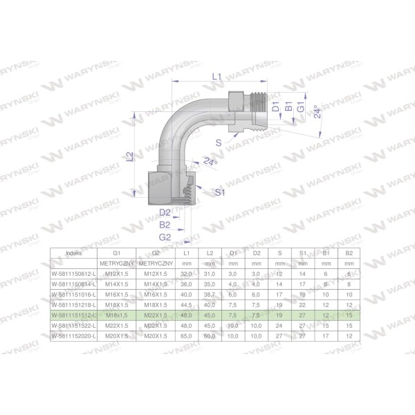 Kolanko hydrauliczne metryczne 5811151512-L | Exvi