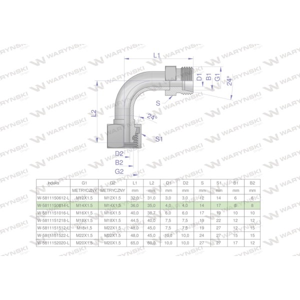 Kolanko hydrauliczne metryczne łukowe 5811150814-L | Exvi