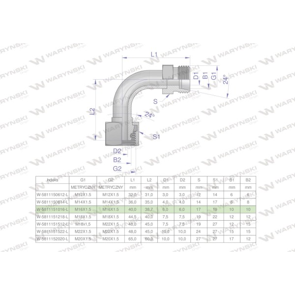 Kolanko hydrauliczne metryczne łukowe 5811151016-L | Exvi